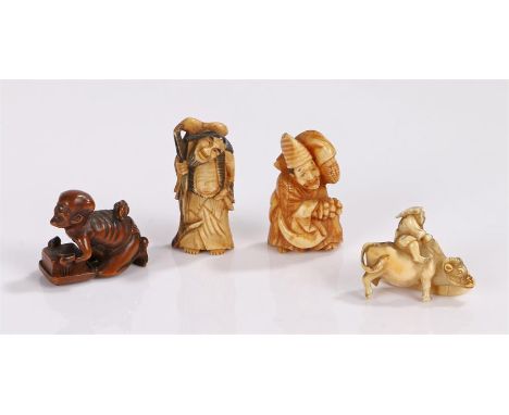 Four Japanese Meiji period netsukes, a bone Sanbaso dancer of usual form, a bone figure of a chokwaro sennin, a man riding a 