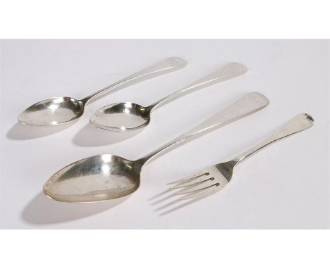 George III Scottish silver table spoon, Edinburgh 1807, maker IM, the handle initialled JG, two matching dessert spoons by th