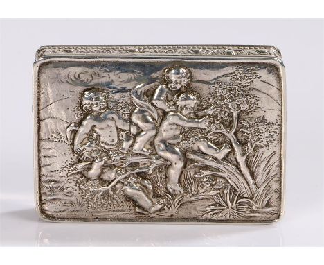 Early 20th century Swedish silver snuff box, the lid with embossed depiction of four putto climbing on a branch, foliate and 