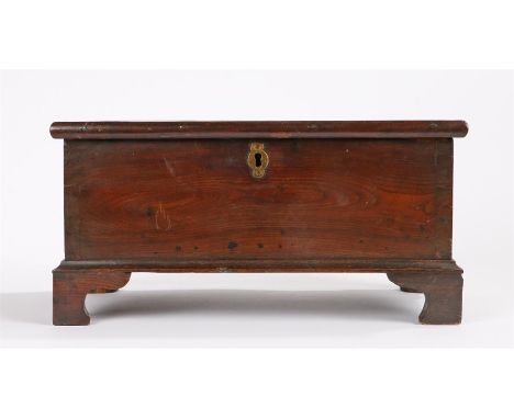 19th Century miniature fruitwood box, in the form of a blanket box, the rectangular hinged top above plank sides raised upon 