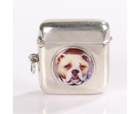 Victorian silver vesta case, Birmingham 1896, maker Deakin &amp; Francis Ltd, the plain exterior with circular enamel panel d