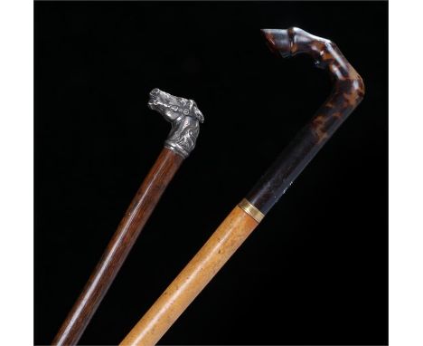 19th Century Palais Royal tortoiseshell walking stick, Antoine of the Palais Royal, with a curved horse leg above a yellow me