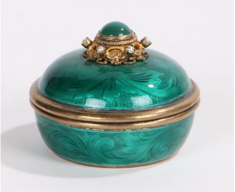 Silver gilt and green enamel pot and cover, the pearl and green stone inset, scroll decorated finial above a domed lower sect