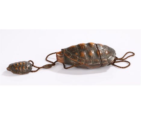 Fine Japanese Meiji period Inro, netsuke and ojime,the three case Inro carved as a terrapin with conforming ojime and netsuke