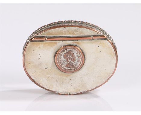 Georgian plate on copper snuff box, of oval form, the lid with roundel depicting Georgius Rex, gadrooned frieze and base, 7.5