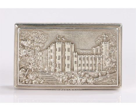 Victorian silver castle top snuff box by Nathaniel Mills, Birmingham 1838, the cover with depiction of Kenilworth House, base