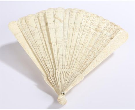 19th Century Chinese Canton ivory fan, each stick carved with figures, building and trees. 19cm high