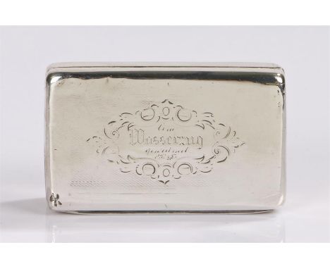 Continental white metal snuff box, the lid with central scrolled cartouche faintly engraved Wasssering? gilt interior, 7.5cm 