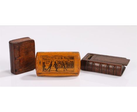 Three snuff boxes to include a treen snuff box, the hinged lid with print depicting figures ice skating, 8.5cm wide, a carved