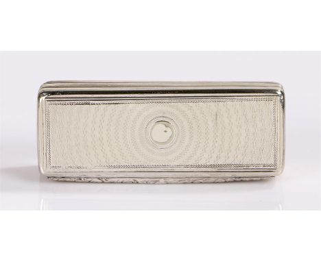 Georgian silver snuff box, marks rubbed, of rectangular from with engine turned exterior, scroll decorated thumb piece, gilt 