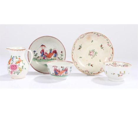 New Hall porcelain 1781-1835, a polychrome tea bowl and saucer with Chinese family group in a garden, a tea bowl and saucer p