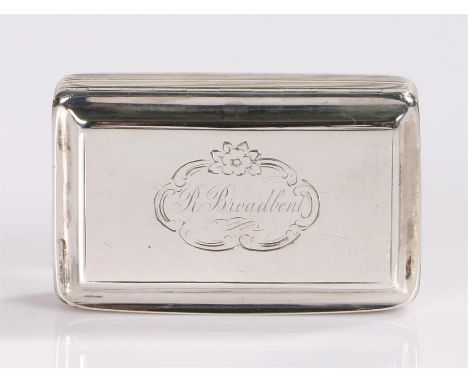 George IV silver snuff box, Birmingham 1829, maker Nathaniel Mills, the hinged lid with scroll and floral cartouche engraved 