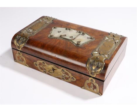 Victorian walnut card box, the brass bound lid with central mother or pearl panel depicting three fanned playing cards, 26.5c