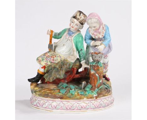 Meissen porcelain figural group, of a boy with an axe seated on a sleigh and a girl by a pot on a tree stump, with a cross sw