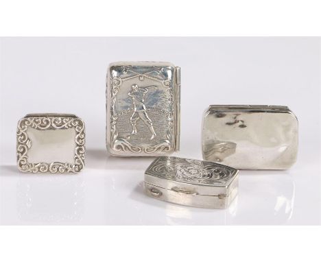 Four snuff boxes to include a sterling silver snuff box with depiction of a golfer mid-swing to the cover, a sterling silver 