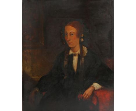 19th century portrait of a seated young lady holding a flower in her left hand, oil painting hanging over her right shoulder,