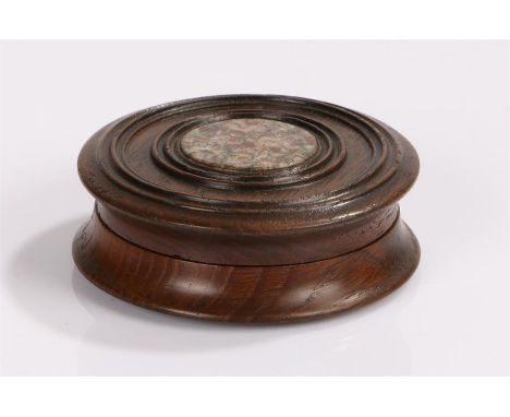 19th century turned oak snuff box and cover, of cylindrical form , the lid with circular stone inlaid panel to the centre, in