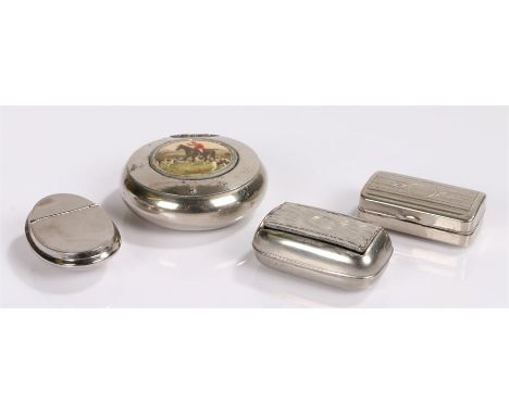 Four snuff boxes to include a circular snuff box with depiction of huntsman and hounds to the lid, two rectangular snuff boxe