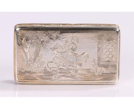 19th century French silver snuff box, the hinged lid engraved with a knight and his beau on horseback flanked by a building a