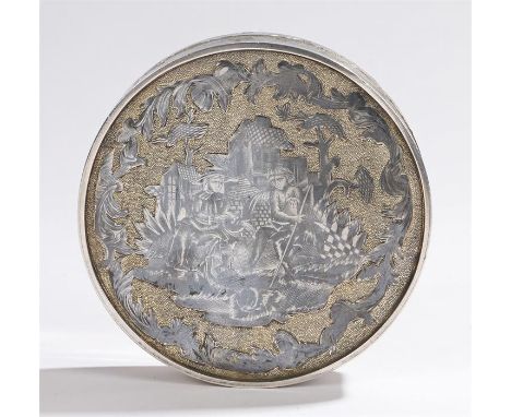 Fine Russian silver gilt niello circular tobacco box, the lid decorated with the sun above a figure cutting crops and a recli