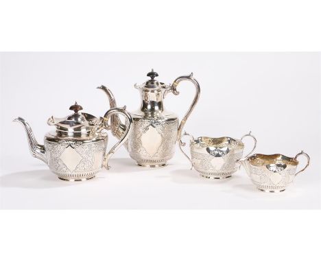 Silver plated four piece tea and coffee set, maker James Dixon and Sons, consisting of teapot, coffee pot milk jug and sugar 