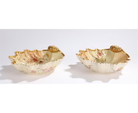 Near pair of Royal Worcester dishes, in the form of scallop shells decorated with flowers and blush colours, the underside wi