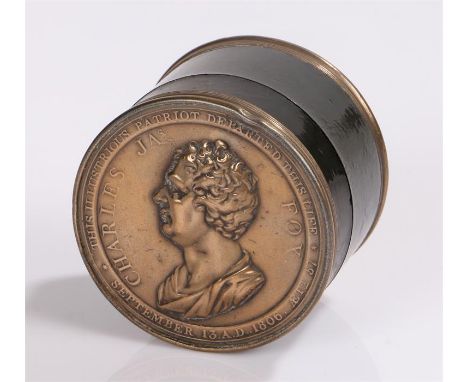 19th century circular ebony and medallic snuff box, commemorating the life of Charles James Fox, The Illustrious [Whig] Patri