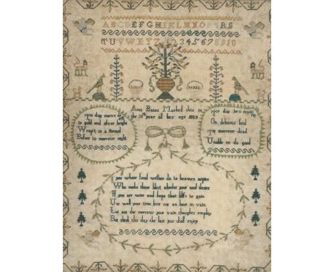 George III sampler, with the text 'Ann Bates made this in the 10th Year of her age 1809', with further script, animals, birds