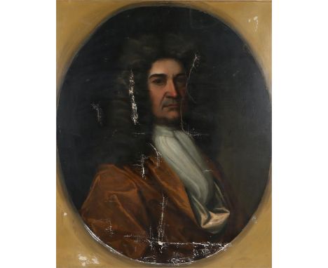 Portrait of a 17th century gentleman wearing a wig, stock and brown jacket, oil on canvas 76cm x 63.5cm