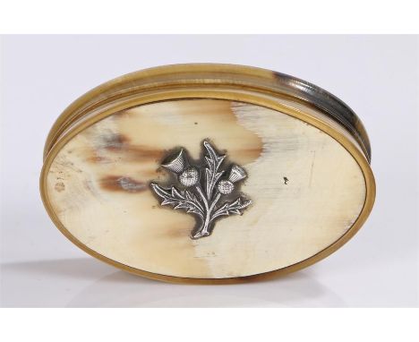 Scottish horn snuff box and cover, of oval form, the lid with raised silver thistle decoration, 7.5cm wide