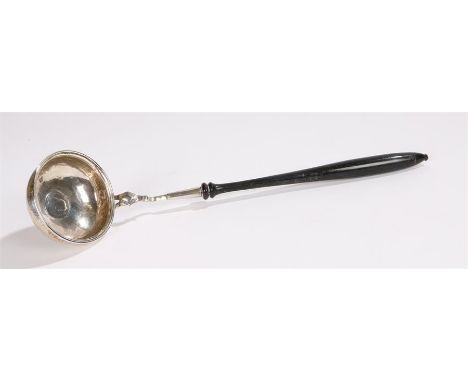 Silver toddy ladle, the bowl inset with a Charles II silver shilling, with turned wooden handle, 38cm long