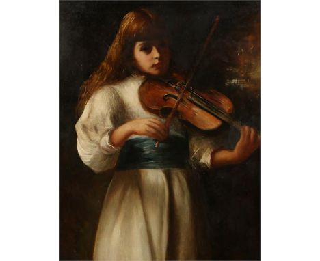 19th Century British school, young girl playing a violin, unsigned oil on canvas, 70cm x 91cm