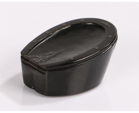19th century papier mache snuff box, in the form of a horses hoof, with metal nail inlay, 6cm wide