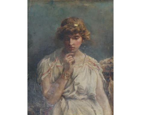 Portrait of a young woman in classical dress, oil on canvas 56.5cm x 47.5cm