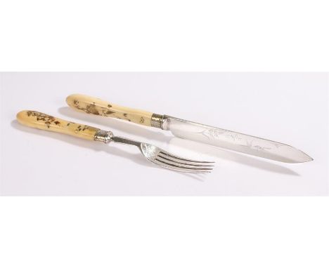 Japanese Meiji period ivory handled knife and fork, the ivory handles decorated with shibayama, silver plated blade and fork 