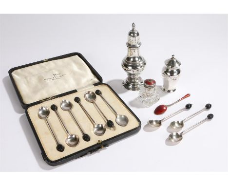 Collection of silver, various dates and makers, to include a pepper, another pepper, an enamel spoon, an enamel pepper and ni