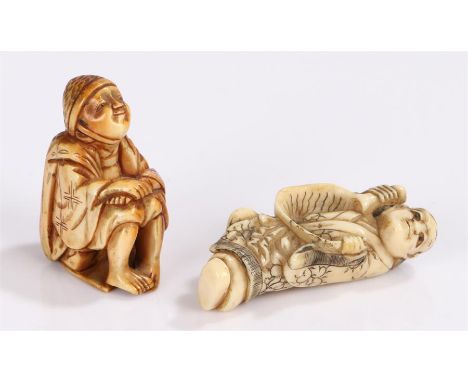 Japanese Meiji period ivory netsuke depicting Kanzah with a scroll and seated man gazing up and with crossed hands, tallest 5