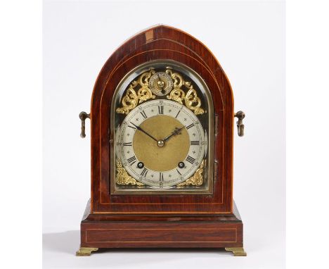 Edwardian inlaid rosewood lancet shaped mantel clock, Winterhalder & Hofmeier, the lancet case with boxwood banding, a steppe