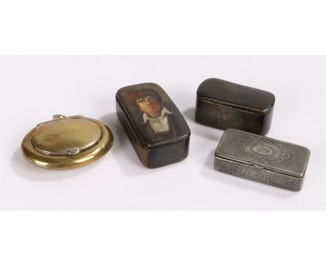Four snuff boxes to include a 19th century papier mache snuff box, the lid with portrait of a young man, signed  "TOP",  6cm 