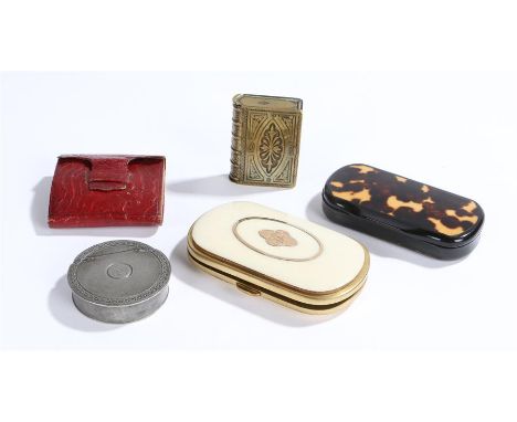 A collection of boxes, to include a Victorian ivory and gilt metal purse, a brass vesta case in the form of a book, a faux sh