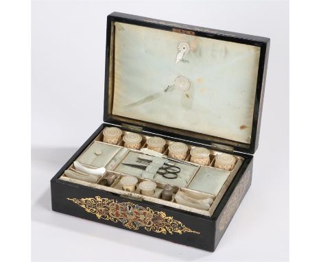 Victorian papier mache and mother of pearl inlaid sewing box, in the style of Jennens and Bettridge, the inlaid mother of pea