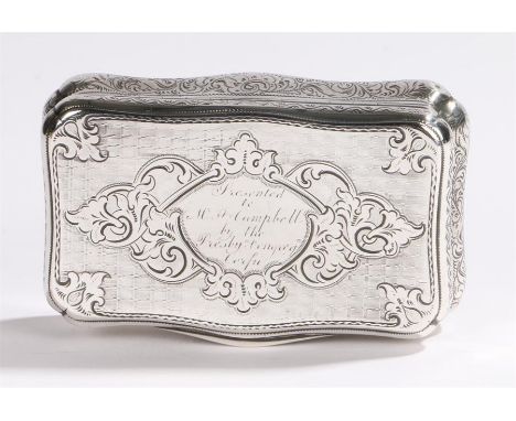 19th Century Greek silver table snuff box, circa 1862, the hinged lid with a presentation inscription and leaf engraved desig