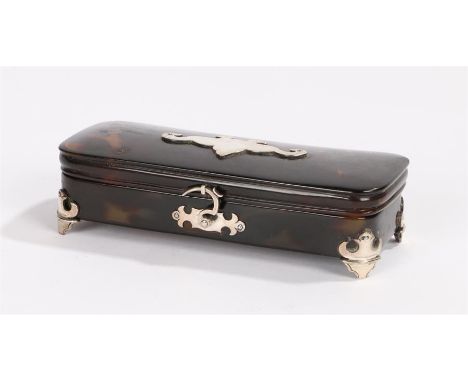 19th century tortoise shell and white metal mounted snuff box, the lid with stylised bird head cartouche, raised on four whit