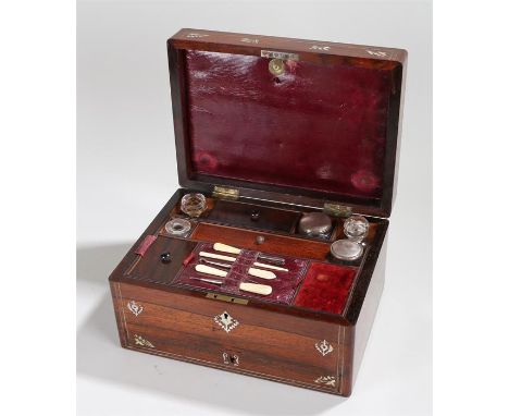 Victorian rosewood and mother of pearl inlaid vanity case, the rectangular box with swag inlaid mother of pearl decoration, t