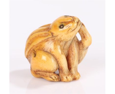 Japanese Edo period Kyoto school netsuke, the ivory netsuke carved as a long eared Hare scratching it's chin with hind foot. 