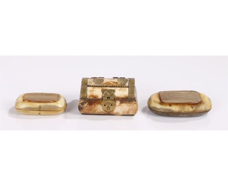 Three snuff boxes to include a horn and brass mounted snuff box of casket form, 7cm wide,a horn snuff box with hinged lid, 7.