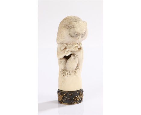 Japanese Meiji period walking stick handle, the top carved in ivory with a large owl holding a frog down above chicks, the co