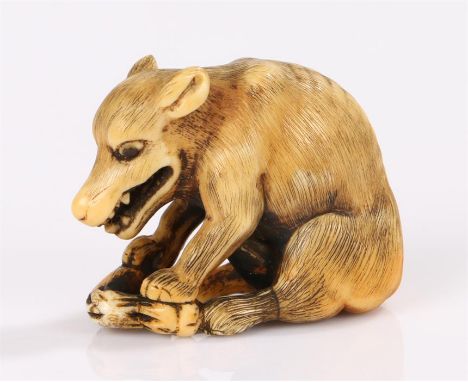 Japanese Edo period netsuke, the ivory netsuke carved as a wolf with a haunch of venison. signature to the base, 3cm high