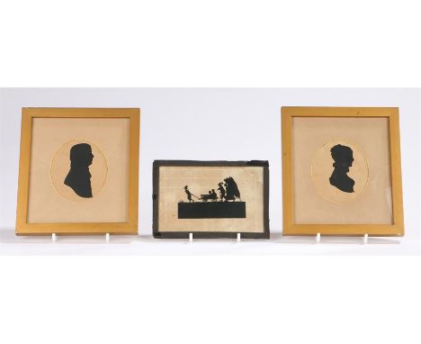 Three silhouettes to include a child pulling a cart containing two children with a figure carrying an axe and a figure carryi