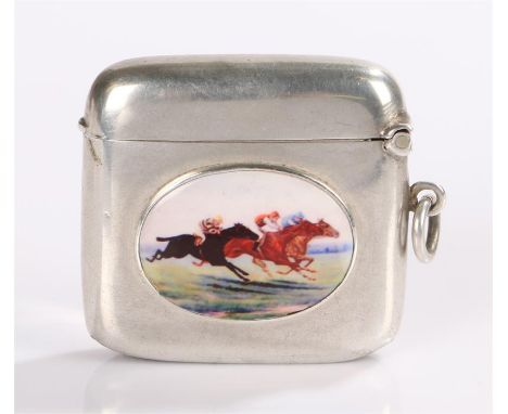 George V silver vesta case, Birmingham 1914, maker Joseph Gloster Ltd, the plain curved exterior with enamel panel depicting 